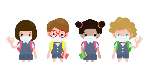 새로운 정상적인 개념, 얼굴 의료 마스크를 착용하는 어린이 그룹, covid19 또는 코로나 바이러스 보호