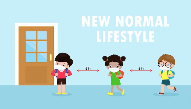 Vector back to school for new normal lifestyle banner concept. happy kids wearing face mask and social distancing protect coronavirus covid 19, group of children keep distance when waiting get in class room