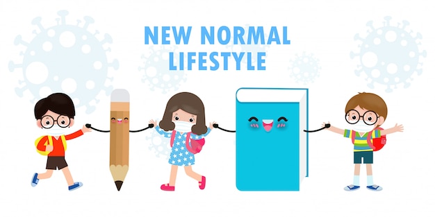 Back to school for new normal lifestyle concept. book and pencil mascot and happy cute kids wearing face mask protect Coronavirus 2019-nCoV or covid-19, group of children and friends going to school