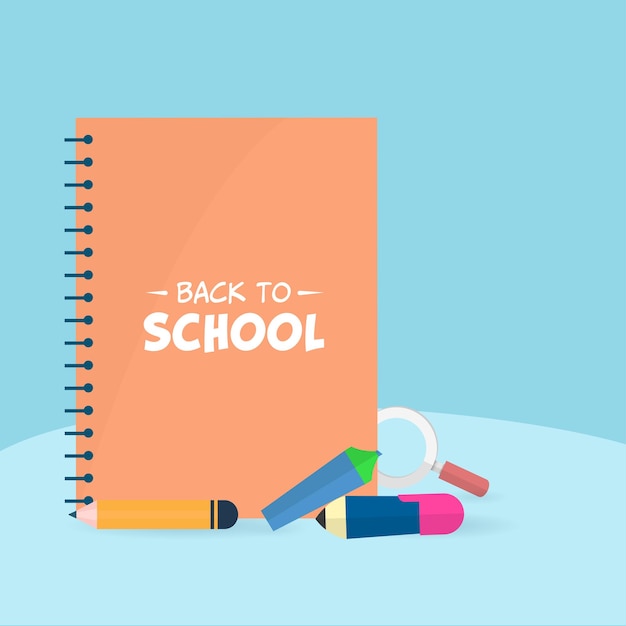 Vector back to school of notebook or diary with marker pen, pencil and magnifying glass on blue background.