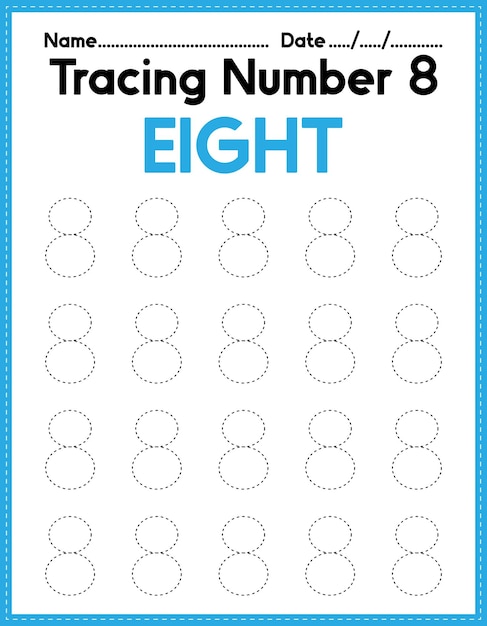 Vector back to school number tracing eight beginning math worksheet for preschool kid activity sheet pre k