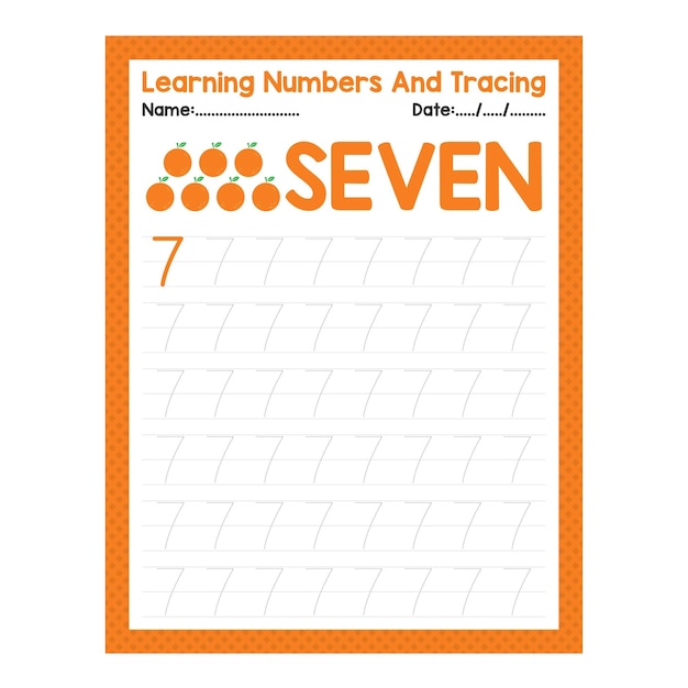 Vector back to school number tracing seven beginning math worksheet for preschool kid activity sheet pre k