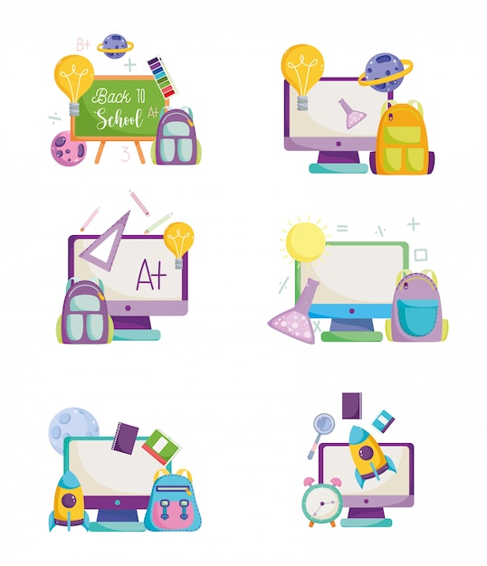 Back to school, online computer bags chalkboard creativity elementary education cartoon icons