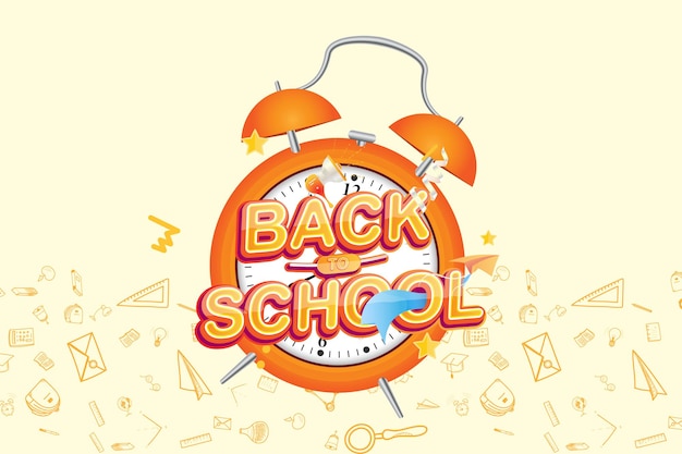 Back to School. Original Font inscription with alarm clock paper airplane on the background of drawn icons. Vector education concept.