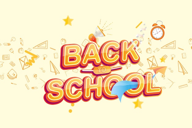 Back to School. Original Font inscription with alarm clock paper airplane on the background of drawn icons. Vector education concept.