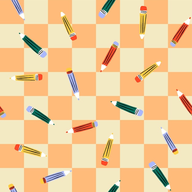 BACK TO SCHOOL PENCIL PALS PENS STATIONERY DRAWING SEAMLESS REPEAT PATTERN VECTOR