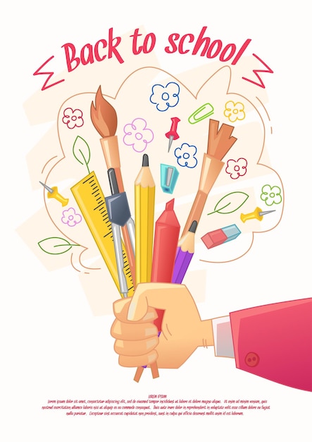 back to school poser. big sale of stationery for handmade in cartoon style. goods for children creativity