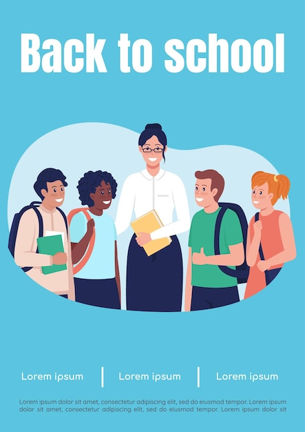 Vector back to school poster flat vector template. teacher with students. tutor with pupils. brochure, booklet one page concept design with cartoon characters. education flyer, leaflet with copy space