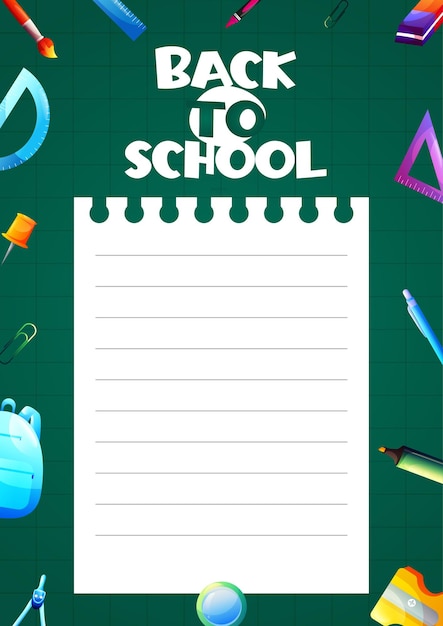 Back to school poster for kids school supplies in cartoon style vector illustration