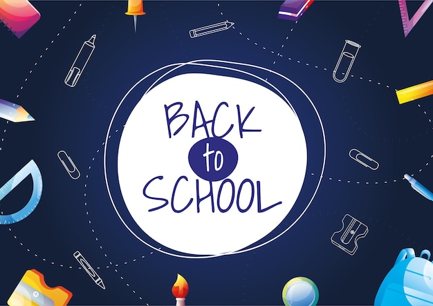 Back to school poster for kids with line art and cartoon supplies on the background Cartoon vector illustration