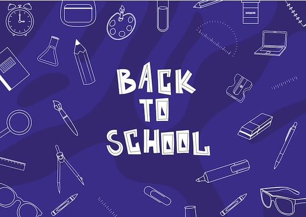 Vector back to school poster for kids with line art supplies on the background doodle style