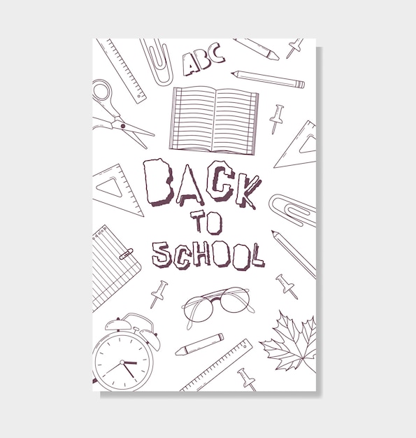 Vector back to school  poster. monochrome line art hand drawn illustrations with school supplies in doodle