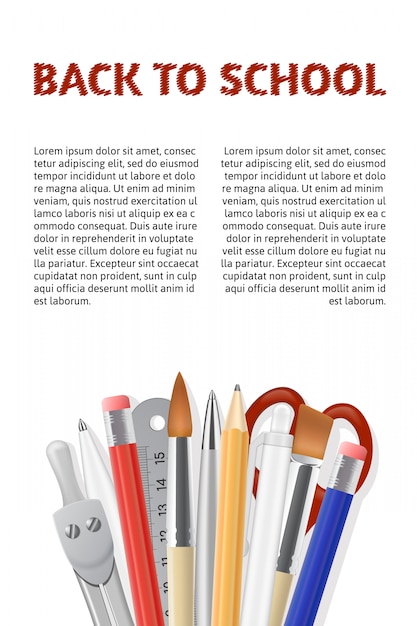 Vector back to school poster. realistic stationery isolated on white background.