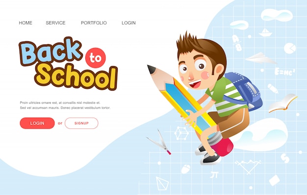 Vector back to school or poster with boy with happy face ride on big pencil illustration