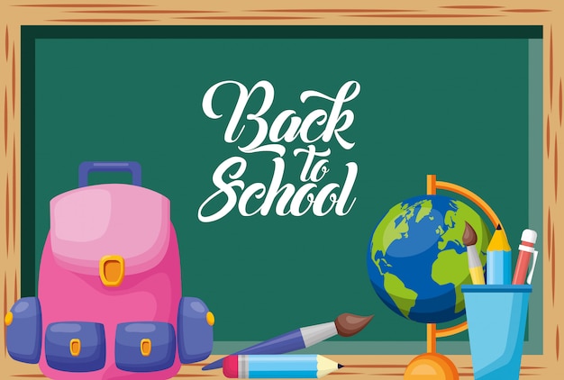 Back to school poster with chalkboard and supplies
