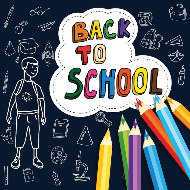 Back to school poster with doodles drawn by hand schoolboy goes to school set of school icons