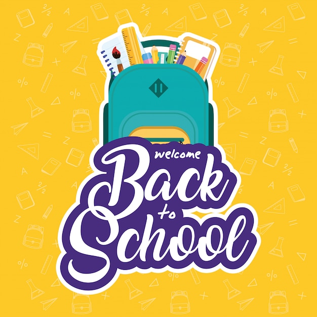 Vector back to school poster with schoolbag and supplies