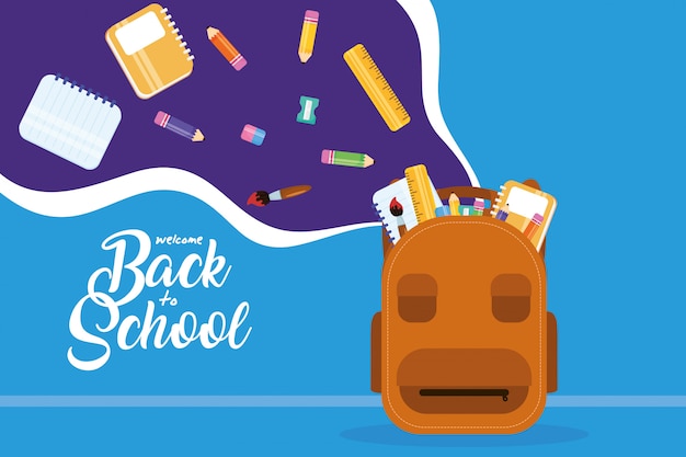 Vector back to school poster with schoolbag and supplies