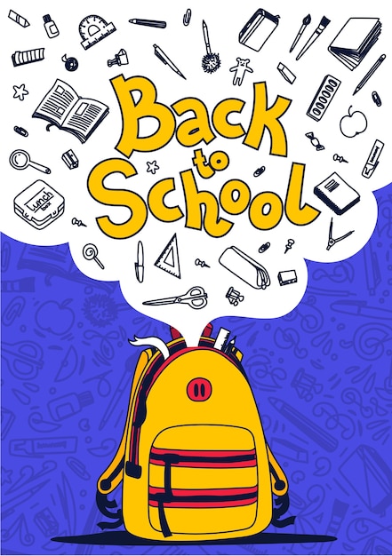 학교 포스터로 돌아 가기. 노란색 배낭, 학용품 및 보라색 배경에 학교 텍스트로 돌아 가기. 삽화.
