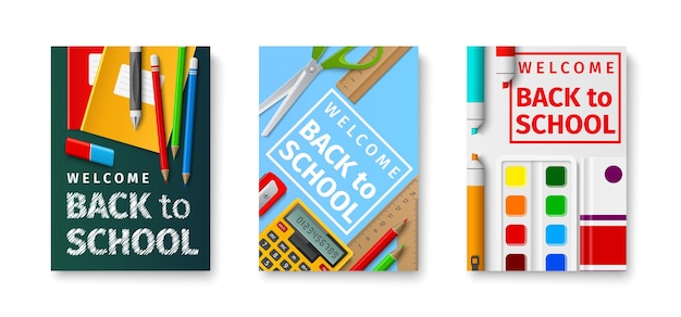 Vector back to school posters educational students tools bright colors stationery banners education and getting knowledge study supplies vector realistic learning accessories cards set