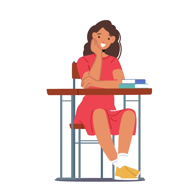 Vector back to school primary education concept little kid student in school classroom schoolgirl character sitting at desk