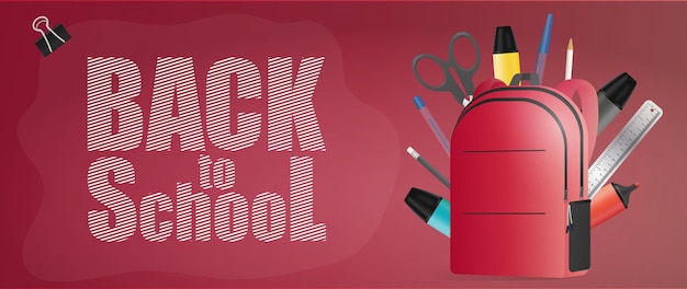 Vector back to school red banner. school supplies, pen, pencil, marker, ruler, scissors, paper clip. vector.