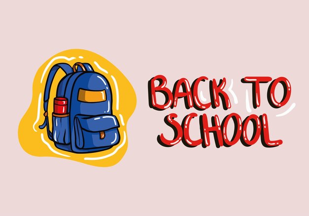 Back to school red vintage sign with blue school bag isolated on background. Vector hand drawn.