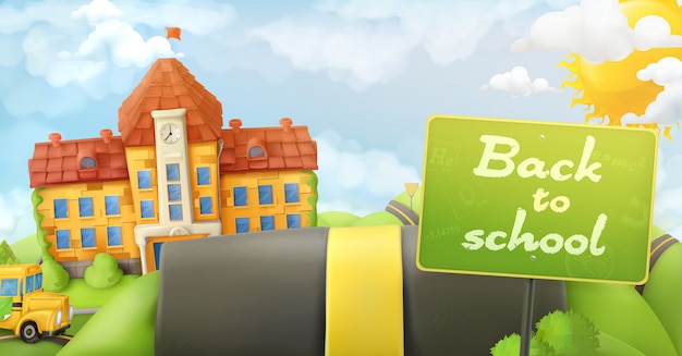 Back to school, road and sign,  cartoon background