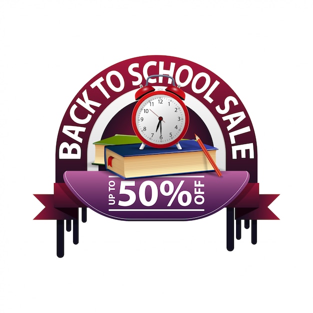 Back to school, round discount banner for your website with school books and alarm clock