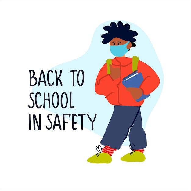 Banner ritorno a scuola in sicurezza scolaro in maschera illustrazione vettoriale del libro in stile piatto riapertura sicura delle scuole dopo il concetto di blocco pandemico covid