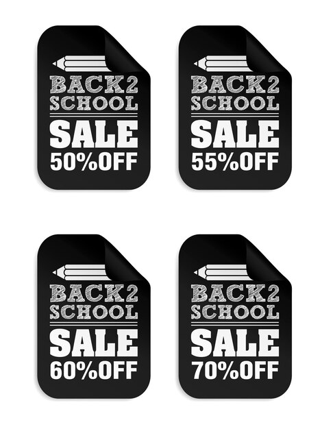 Vector back to school sale 50 55 60 70 off black stickers set