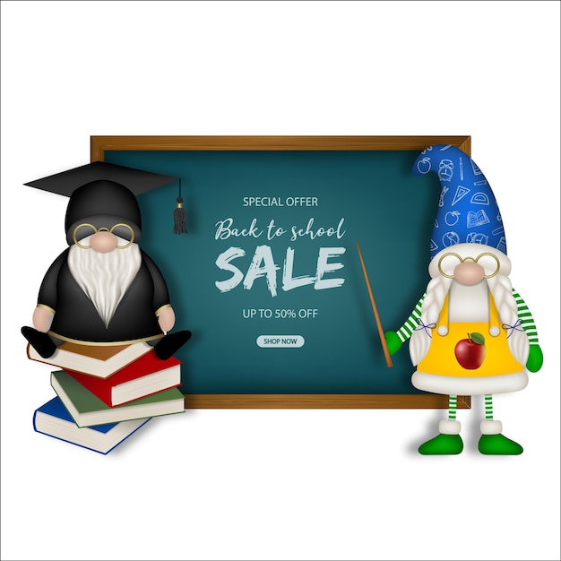 Vector back to school sale background with chalckboard and gnomes