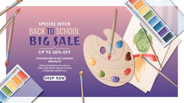 Vector back to school sale banner template for art school studio course class education vector background with art paints brushes and palette creativity hobbyschool time