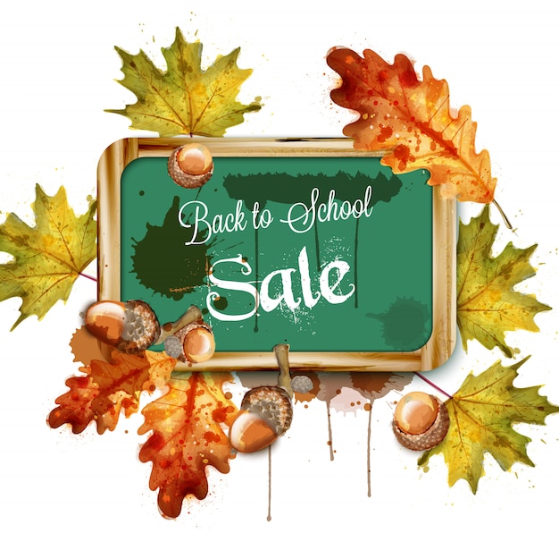 Back to school sale chalk board and autumn leaves watercolor