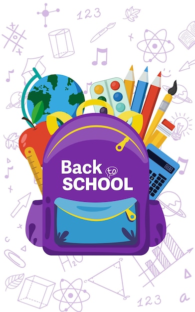 Back to school sale concept welcome to school poster template with bright school bacpack and other