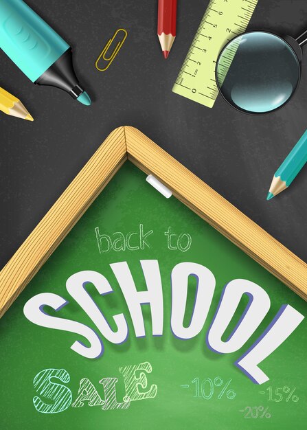 Vector back to school sale concept with school supplies and hand drawn discounts on green chalkboard backround with wet rag effect top view vector illustration