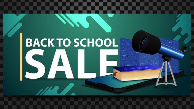 Back to school sale, discount horizontal banner with a smartphone and telescope