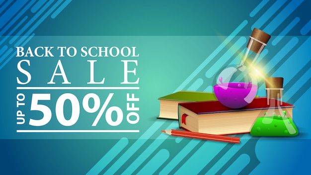 Back to school sale, discount web banner in a modern style with books and chemical flasks