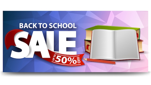 학교 교과서 및 노트북 웹 사이트를위한 학교 판매, 수평 할인 웹 배너 돌아 가기