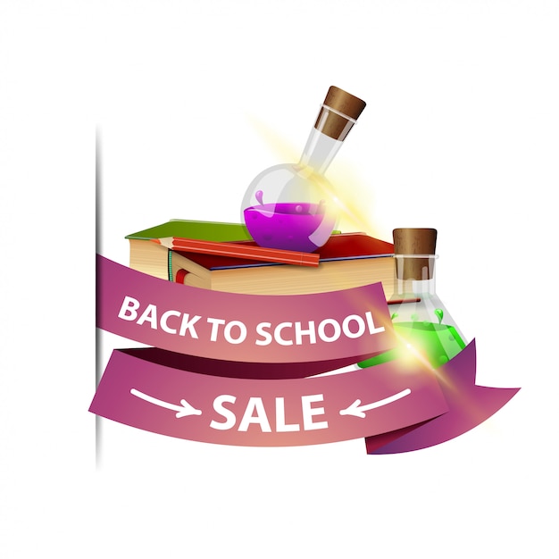 Back to school sale, isolated web banner with ribbon, books and chemical flasks