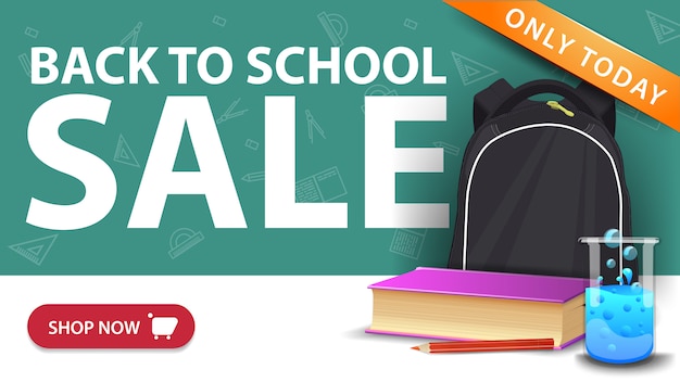 Back to school sale, modern discount banner with button, school backpack, a book and a chemical flask