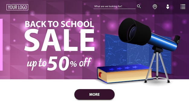 Back to school sale, modern purple horizontal web banner with telescope