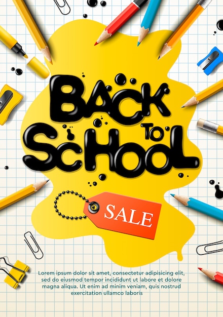 Torna al poster di vendita della scuola con matite colorate ed elementi per la promozione del marketing al dettaglio e l'istruzione relativa.