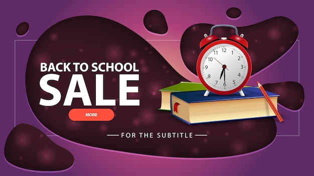 Torna a vendita a scuola, banner sconto viola con libri scolastici e sveglia