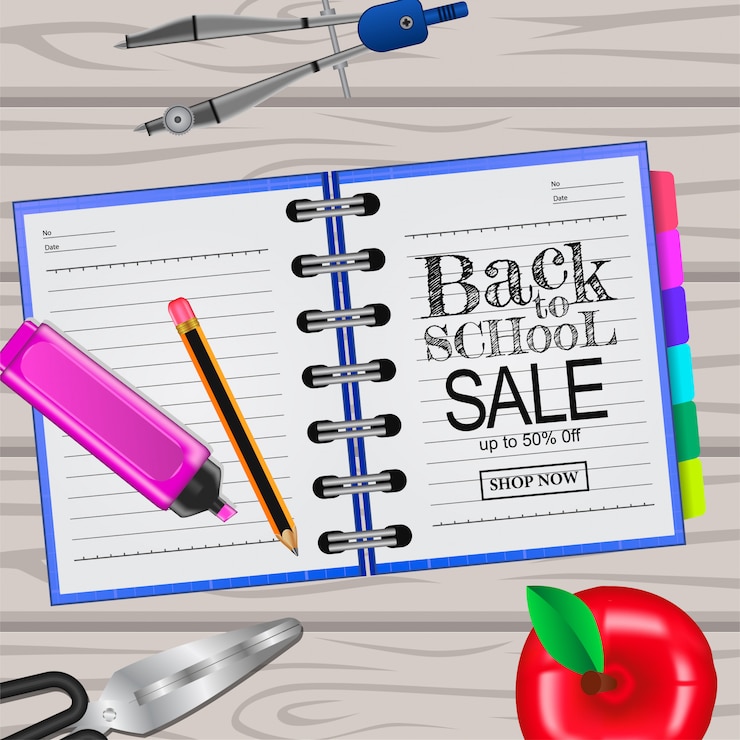 Vector back to school sale template on the notebook and wood