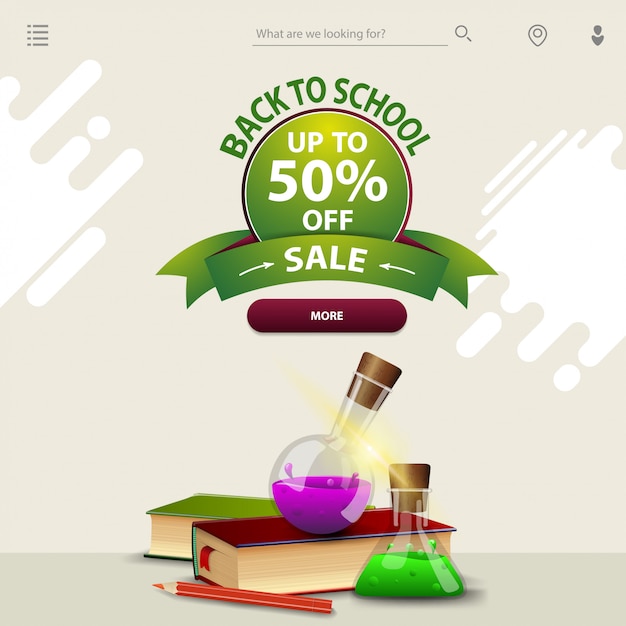 Back to school sale, a template for your website in a minimalist light style with books and chemical flasks