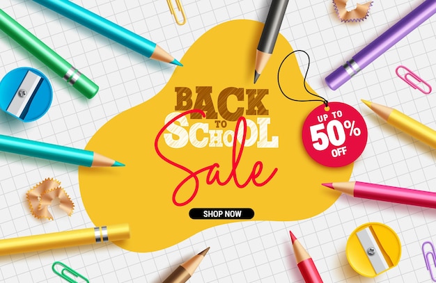 Back to school sale vector banner design Back to school promo discount 50 off with color pencil
