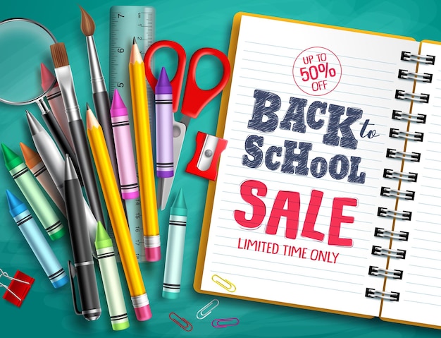 Vector back to school sale vector banner design with school supplies education elements and back to school