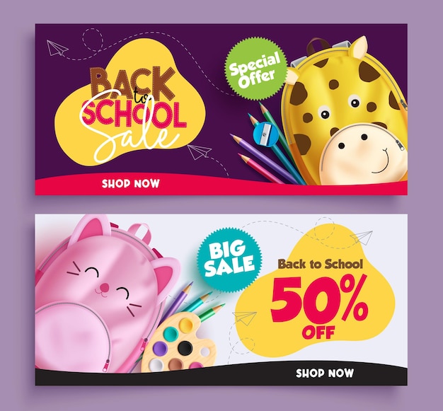 Vector back to school sale vector banner set school promo 50 off discount clearance price with cute