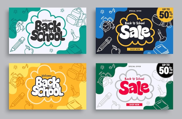 Back to school sale vector banner set Welcome back to school greeting and sale text with pencil